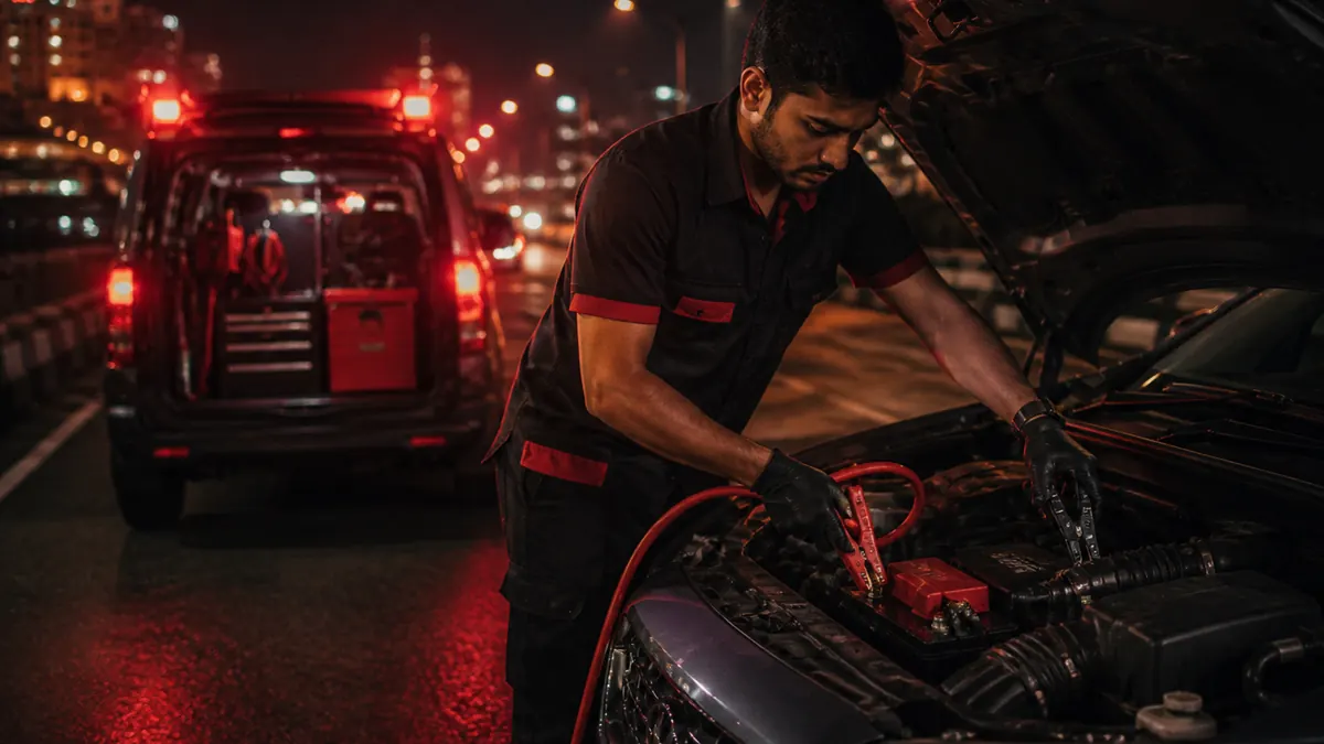 Technician jump starting a car battery in Kota
