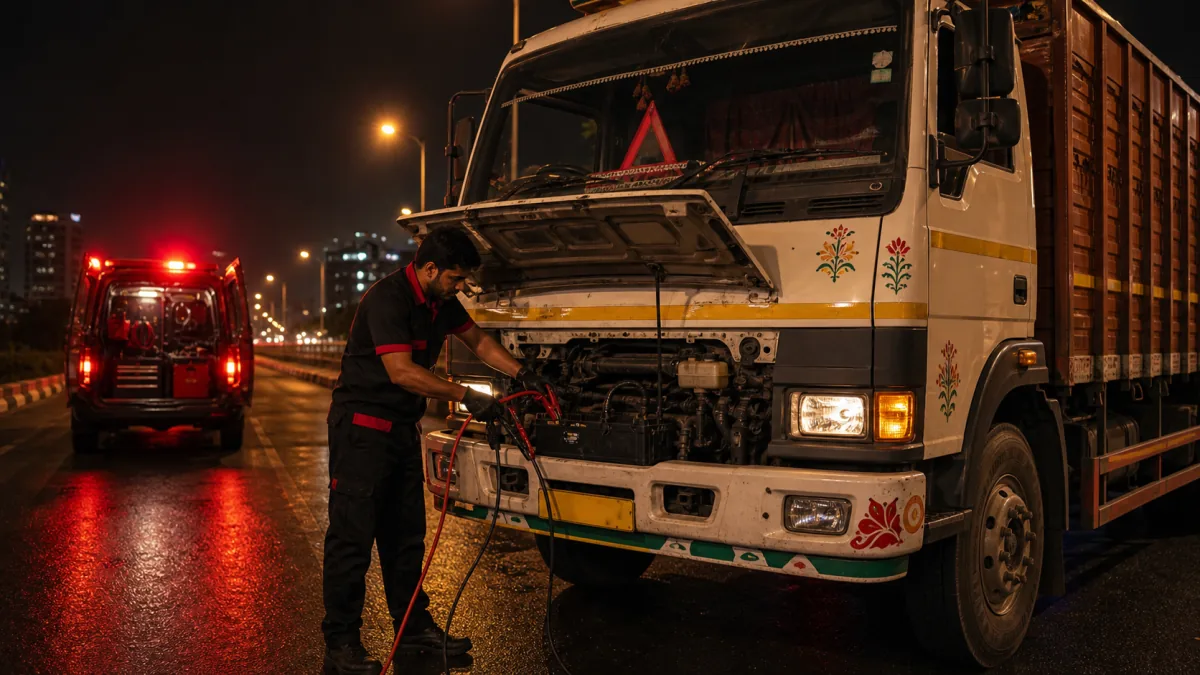 Roadside technician jump starting a truck battery in Kota